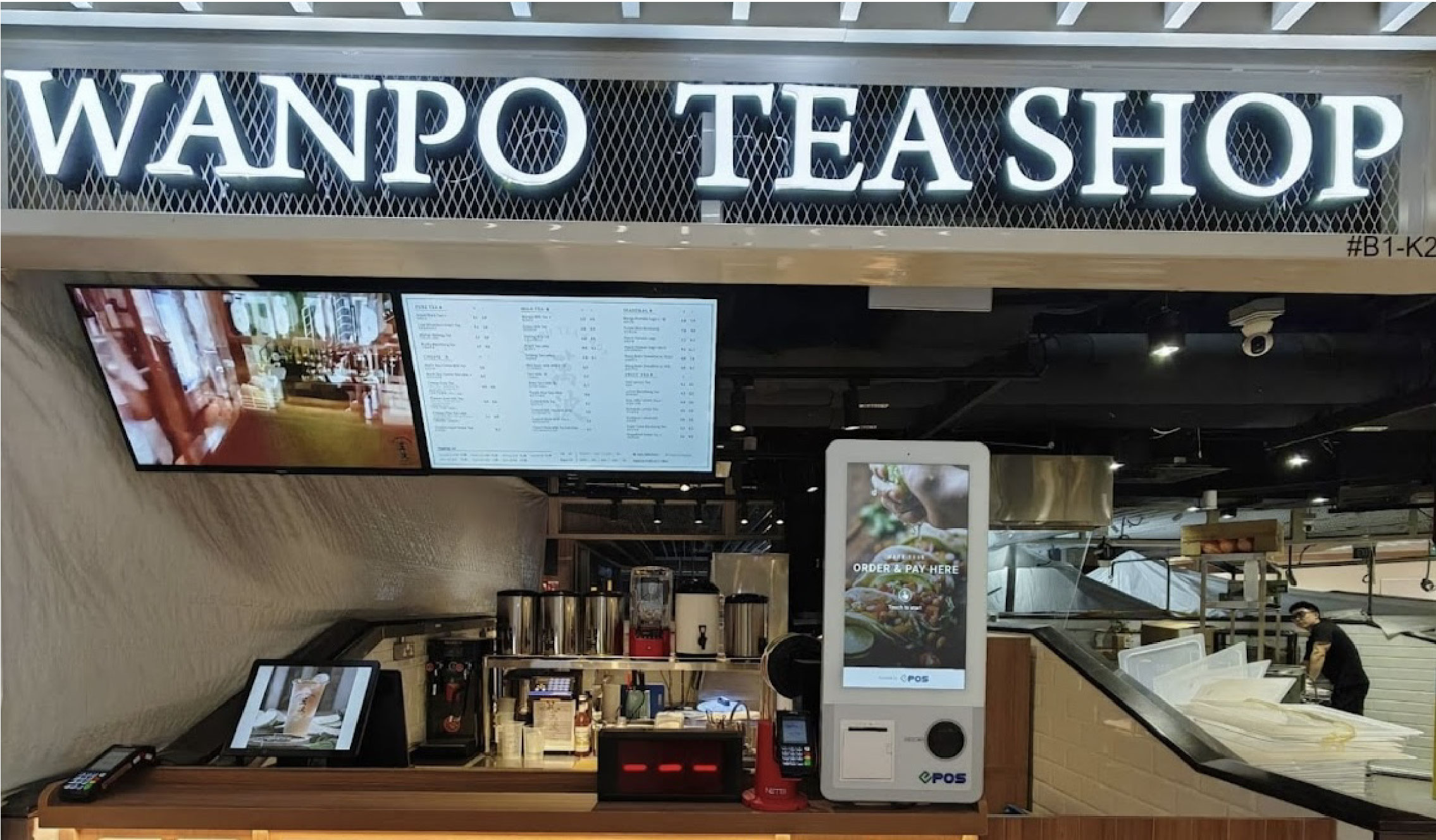 modern boba tea shop with counters and chairs